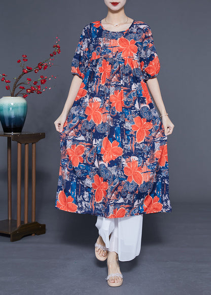 French Navy O-neck Print Silk Maxi Dress Summer Lc0420