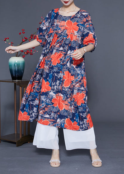 French Navy O-neck Print Silk Maxi Dress Summer Lc0420