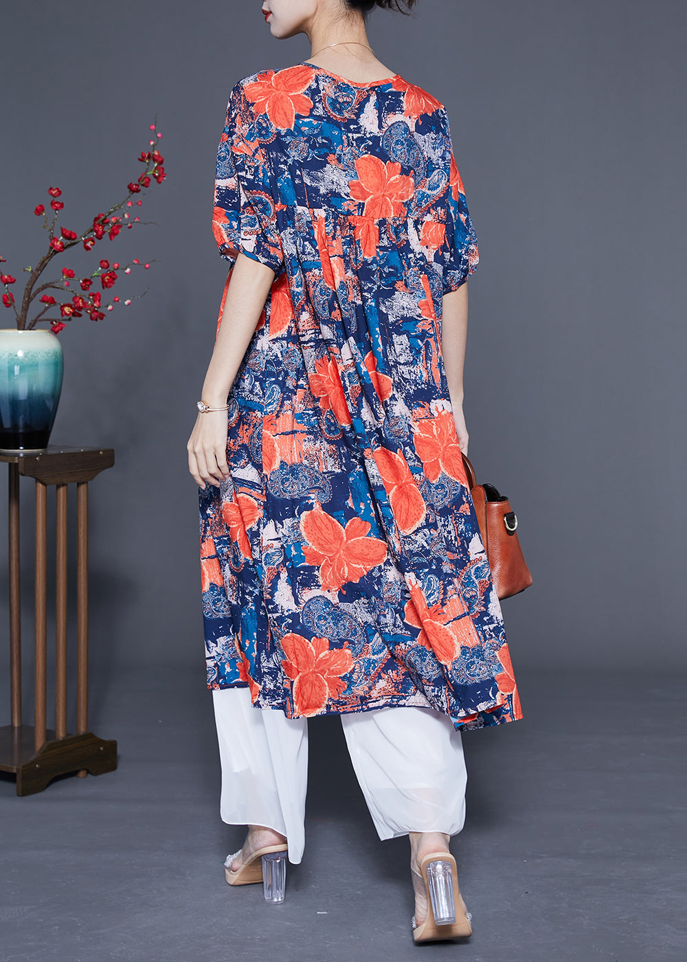 French Navy O-neck Print Silk Maxi Dress Summer Lc0420