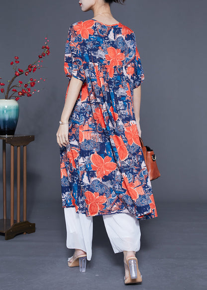 French Navy O-neck Print Silk Maxi Dress Summer Lc0420
