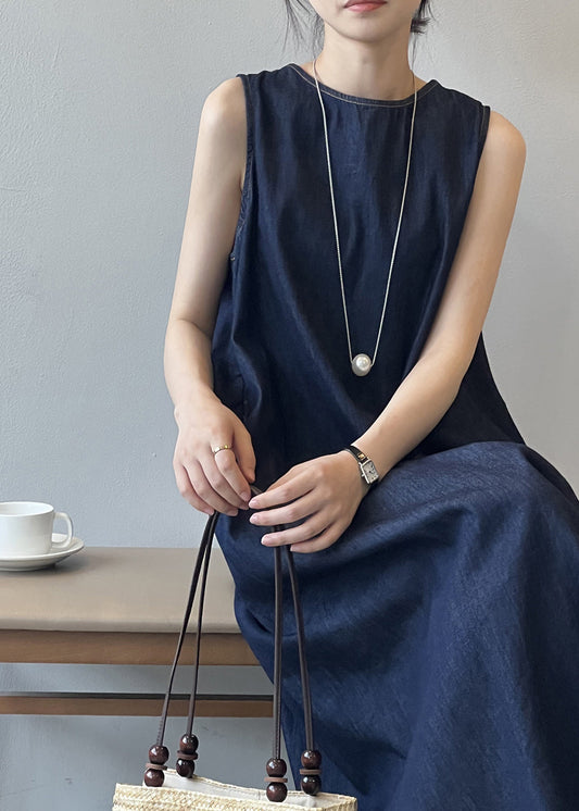 French Navy O Neck Pockets Denim Long Dress Sleeveless Qb004