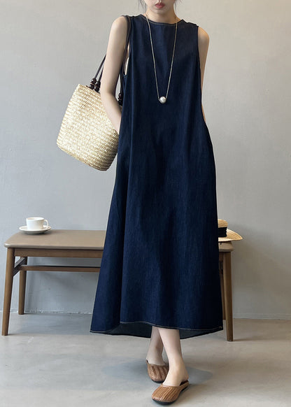 French Navy O Neck Pockets Denim Long Dress Sleeveless Qb004