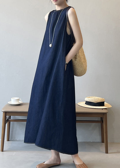 French Navy O Neck Pockets Denim Long Dress Sleeveless Qb004