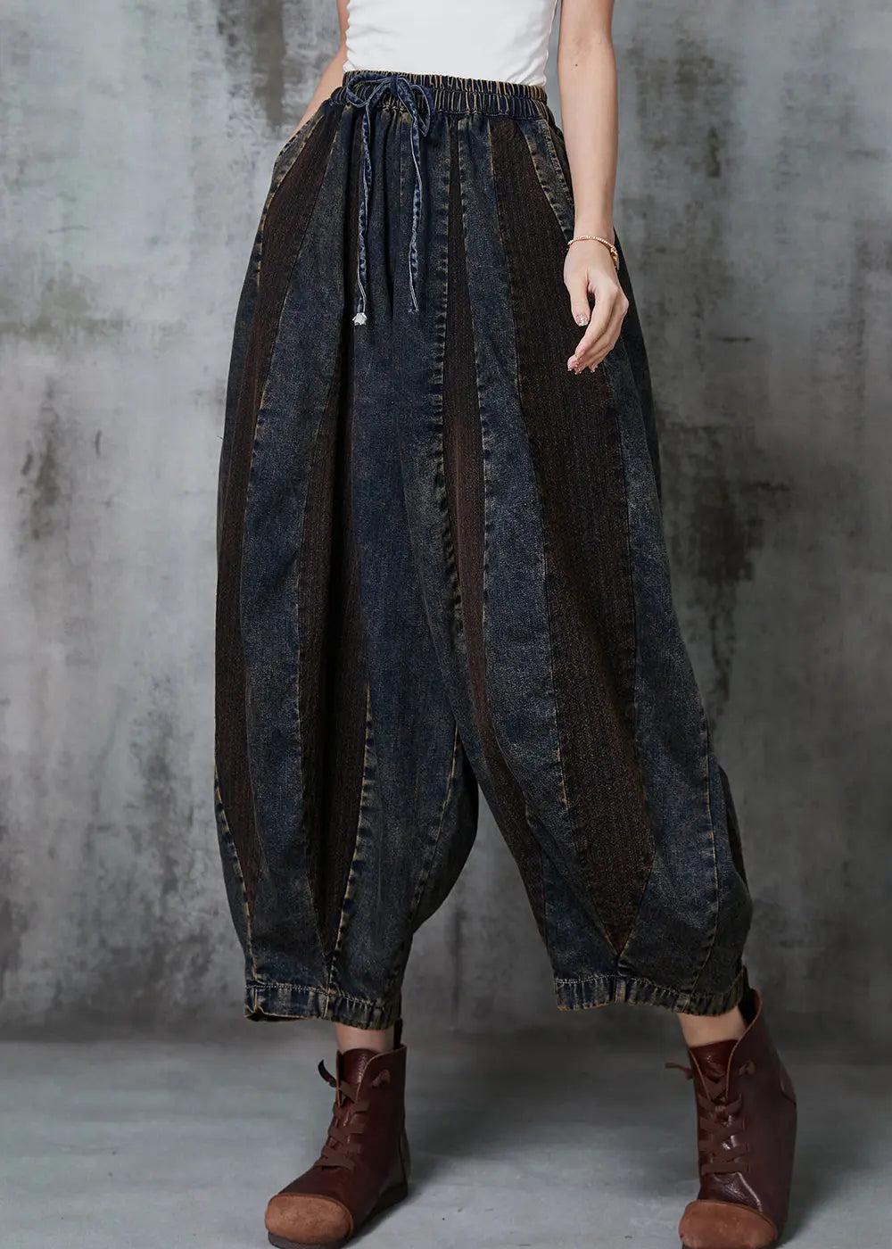 French Navy Oversized Patchwork Denim Pants Spring Jk1016