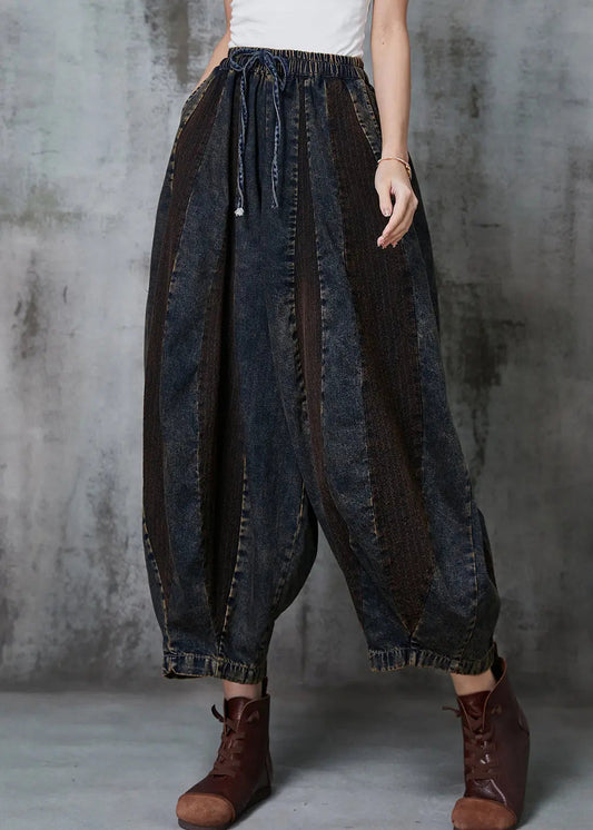 French Navy Oversized Patchwork Denim Pants Spring Jk1016