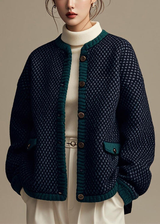French Navy Plaid Button Patchwork Cotton Coat Winter Er006