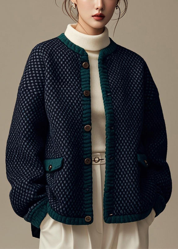 French Navy Plaid Button Patchwork Cotton Coat Winter Er006