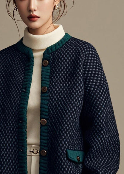 French Navy Plaid Button Patchwork Cotton Coat Winter Er006