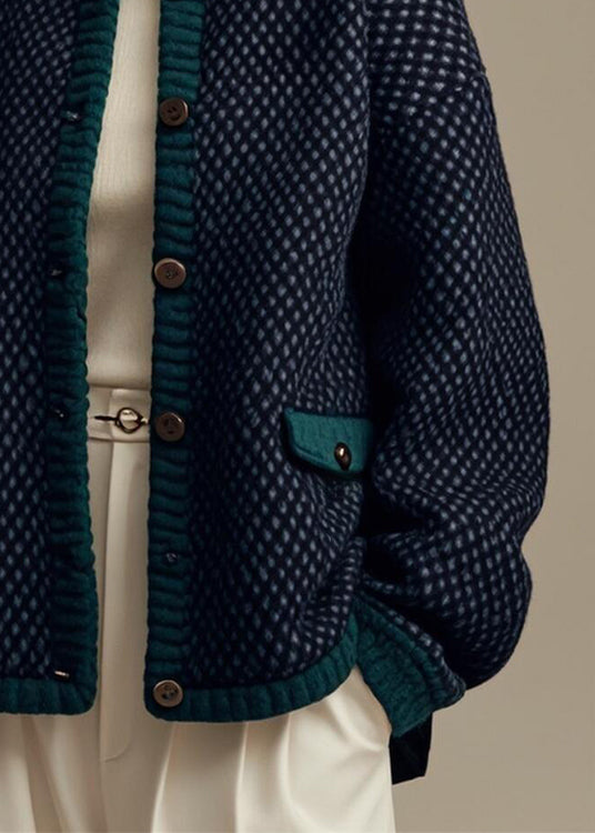 French Navy Plaid Button Patchwork Cotton Coat Winter Er006