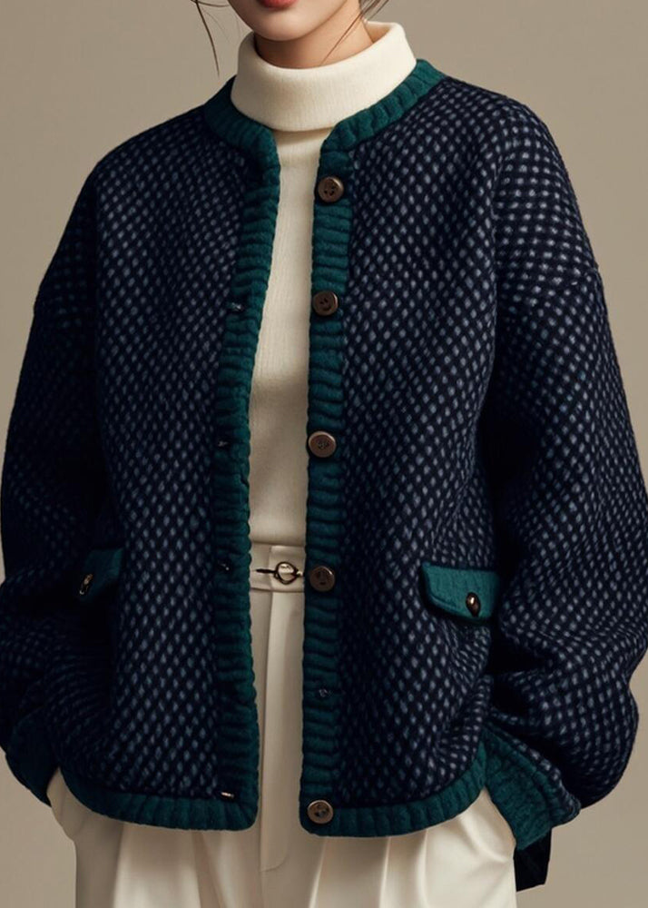 French Navy Plaid Button Patchwork Cotton Coat Winter Er006