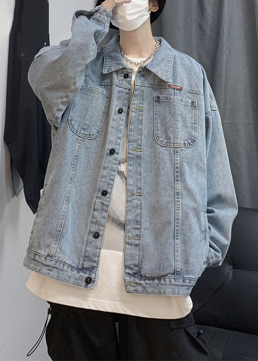 Spring Coats Navy French Tc041 Pockets Button Denim Print