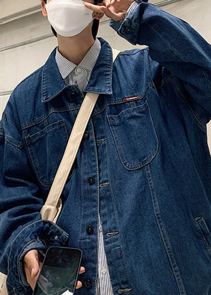 Spring Coats Navy French Tc041 Pockets Button Denim Print