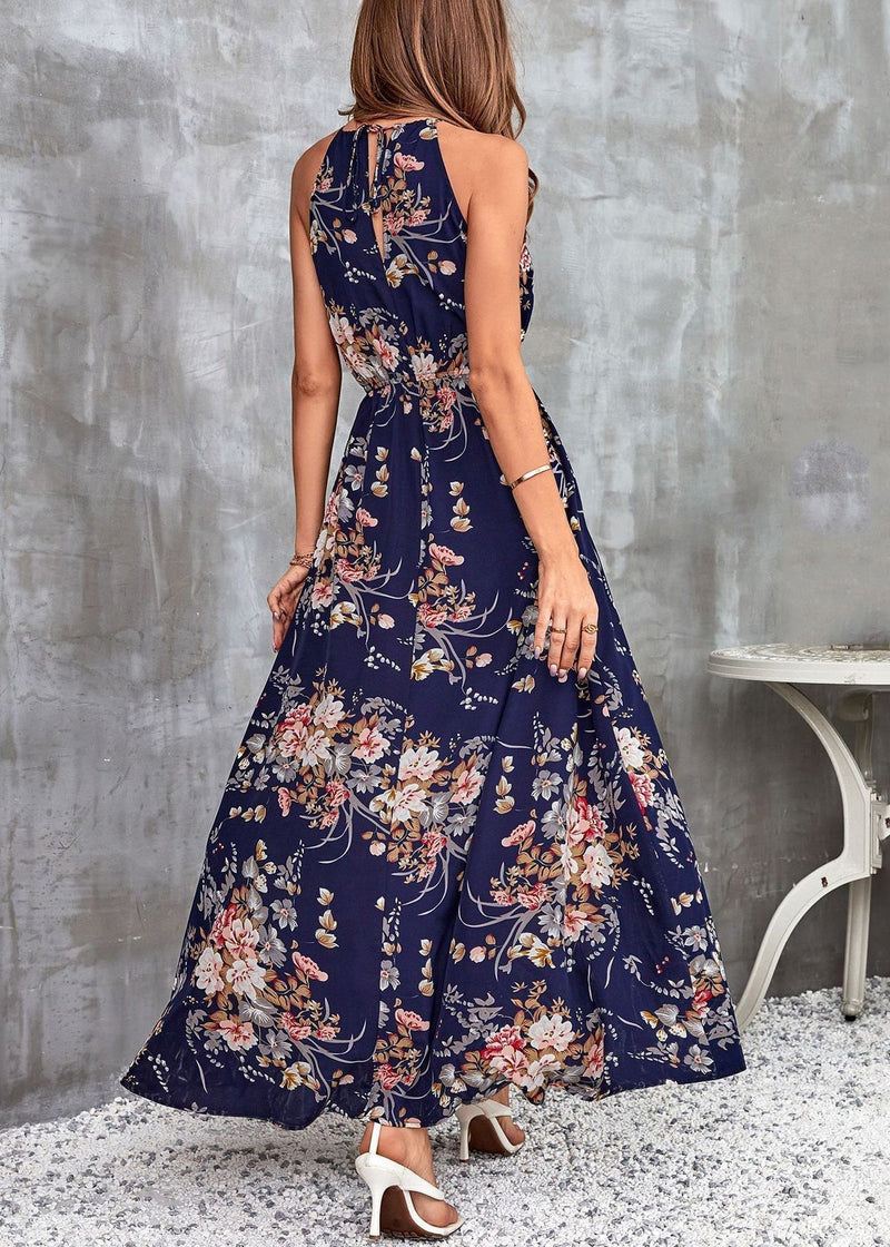 French Navy Print Side Open Cotton Long Dresses Sleeveless Ww1048
