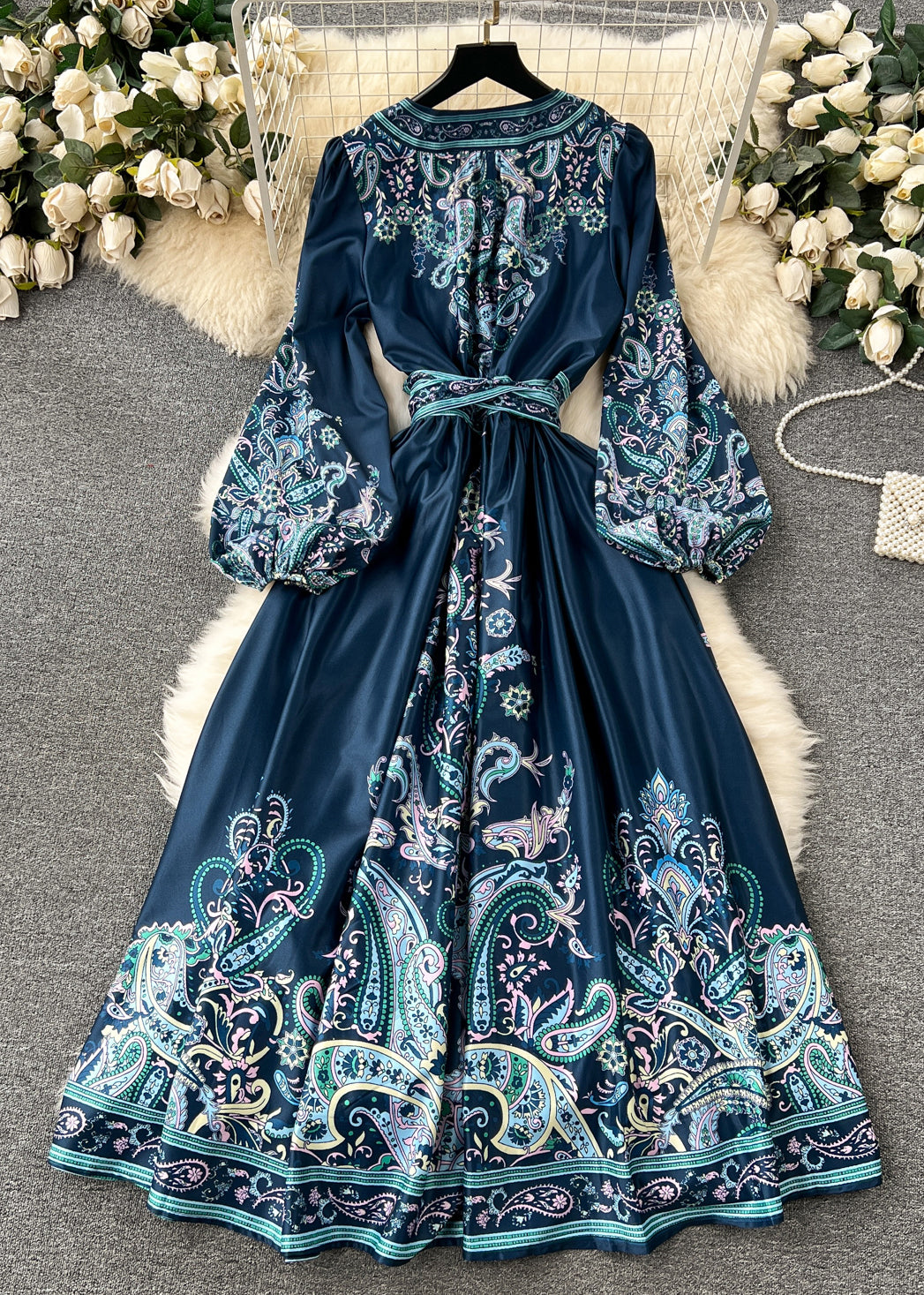 French Navy Print Tie Waist Cotton Long Dress Fall Tr025
