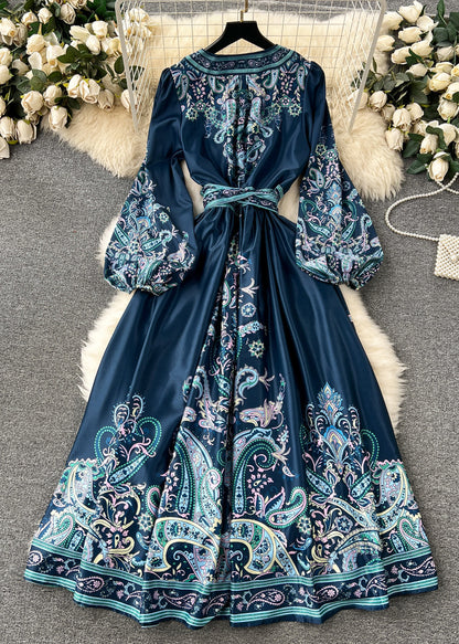 French Navy Print Tie Waist Cotton Long Dress Fall Tr025