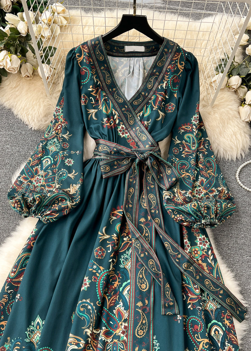 French Navy Print Tie Waist Cotton Long Dress Fall Tr025
