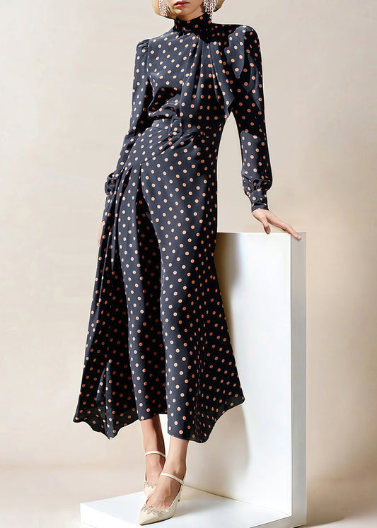 French Navy Zippered Dot High Waist Chiffon Long Dress Fall Qr034
