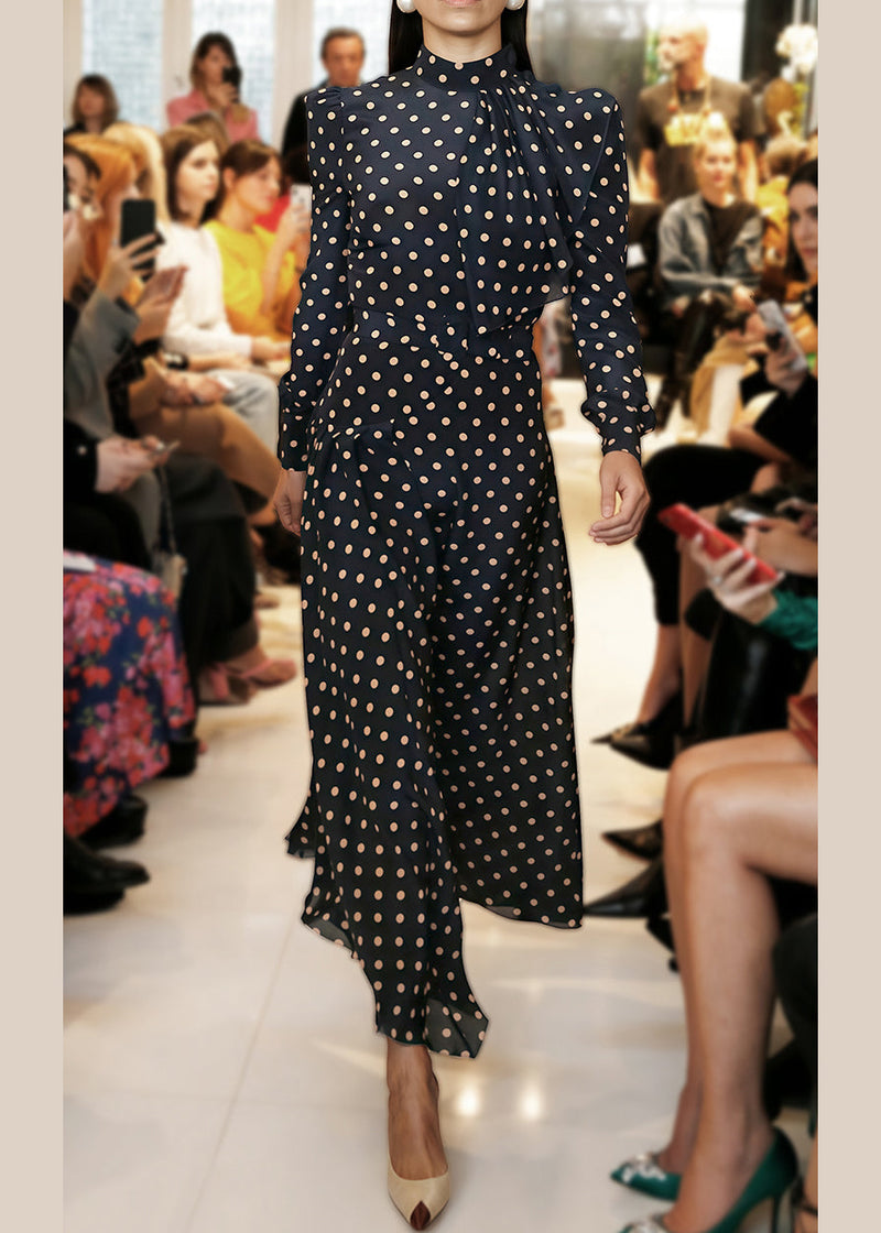 French Navy Zippered Dot High Waist Chiffon Long Dress Fall Qr034