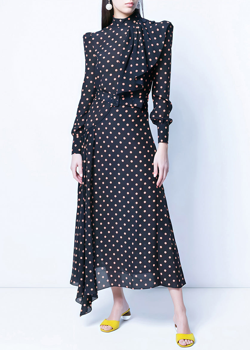 French Navy Zippered Dot High Waist Chiffon Long Dress Fall Qr034