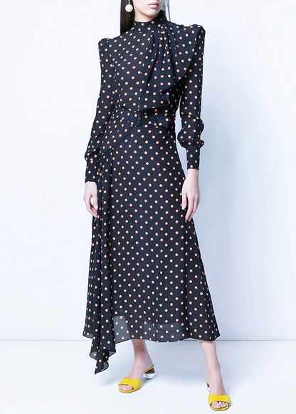French Navy Zippered Dot High Waist Chiffon Long Dress Fall Qr034