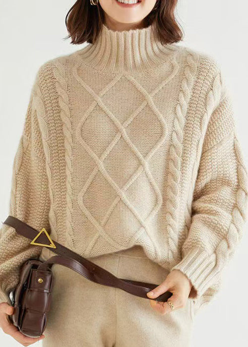 French Oatmeal Turtleneck Thick Cable Cashmere Sweater Spring Yw028