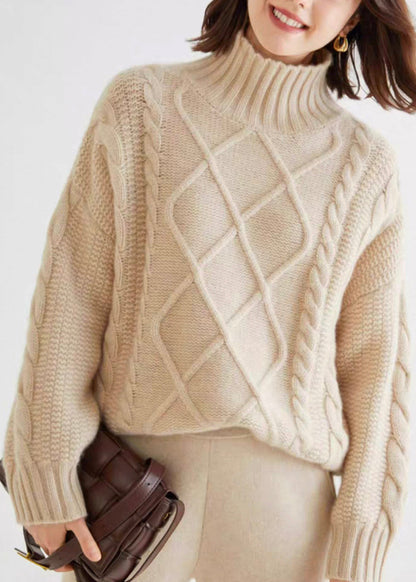 French Oatmeal Turtleneck Thick Cable Cashmere Sweater Spring Yw028