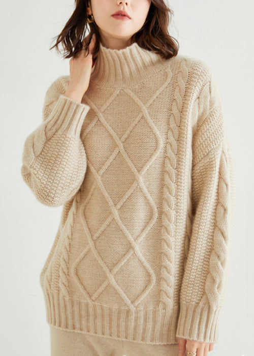 French Oatmeal Turtleneck Thick Cable Cashmere Sweater Spring Yw028