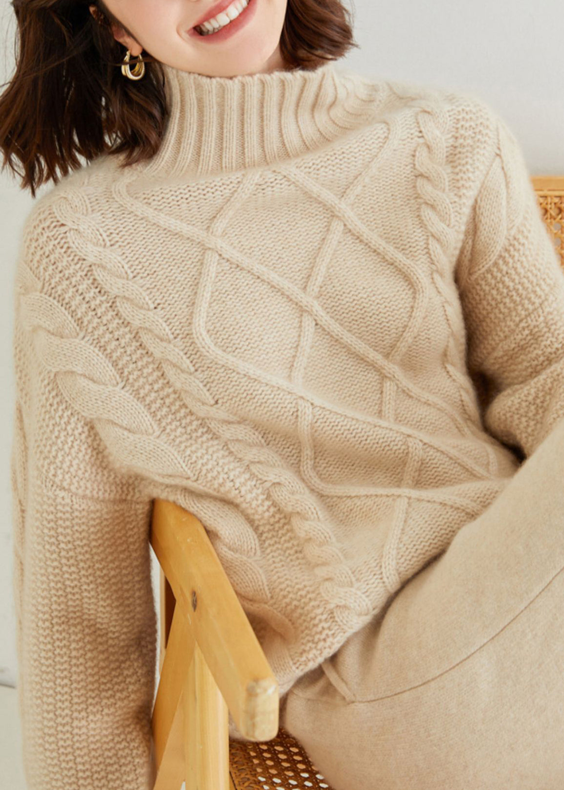 French Oatmeal Turtleneck Thick Cable Cashmere Sweater Spring Yw028