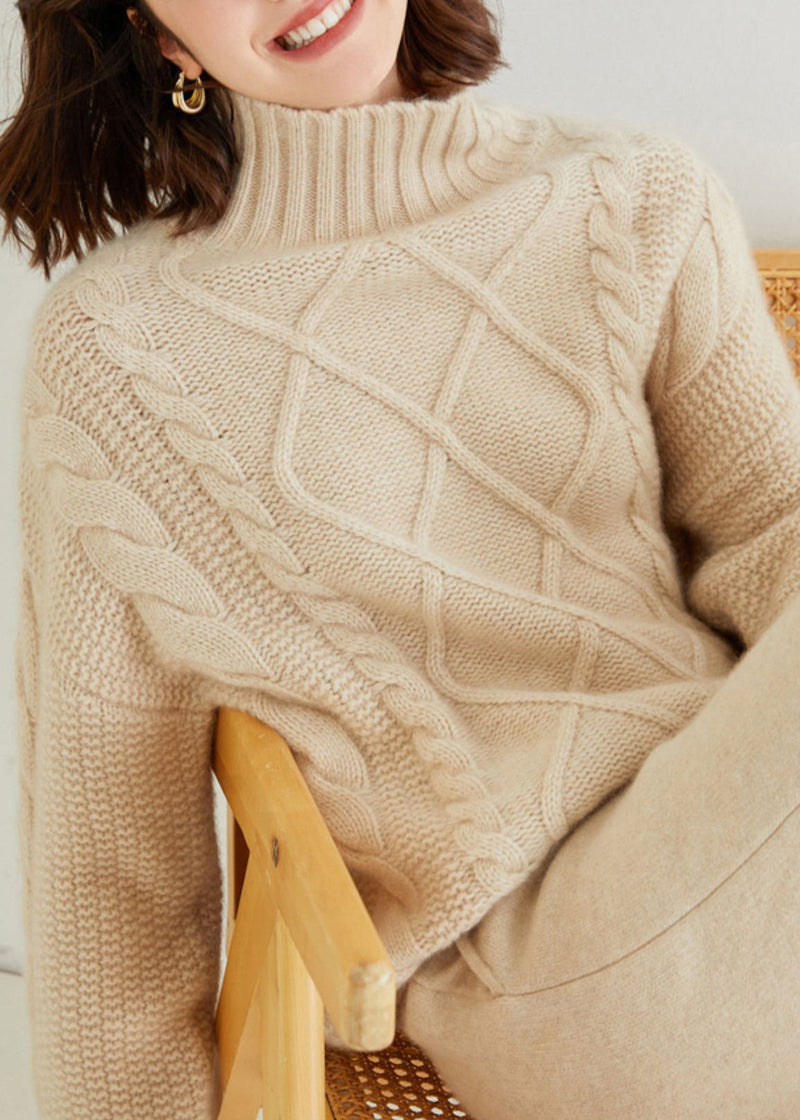 French Oatmeal Turtleneck Thick Cable Cashmere Sweater Spring Yw028