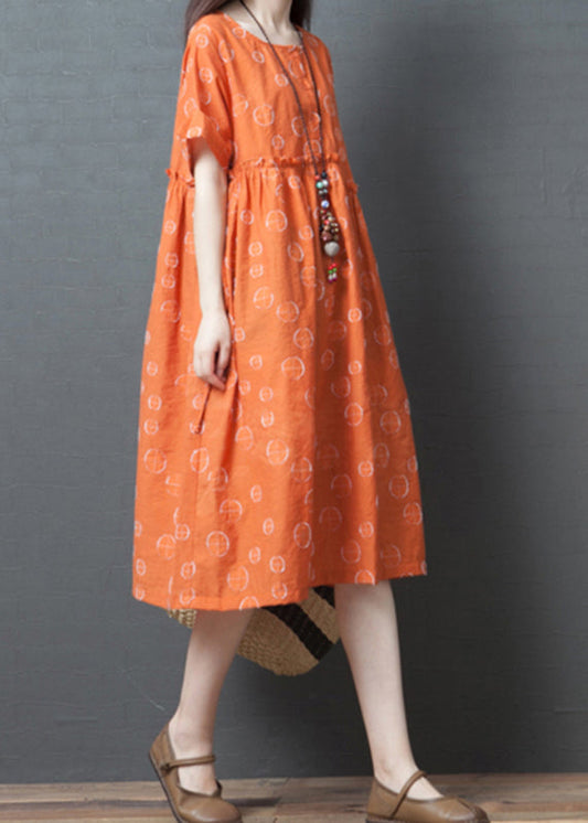 French Orange Dot Print Maxi Dress Short Sleeve Vb1028