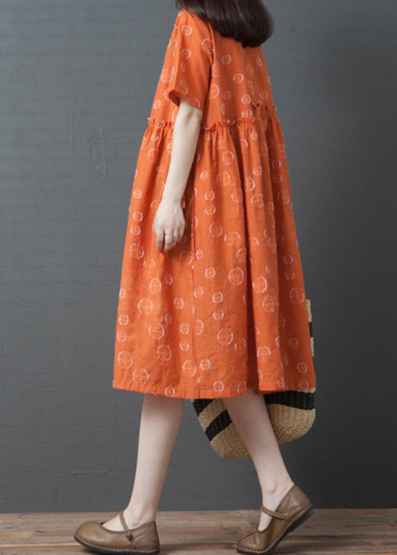 French Orange Dot Print Maxi Dress Short Sleeve Vb1028