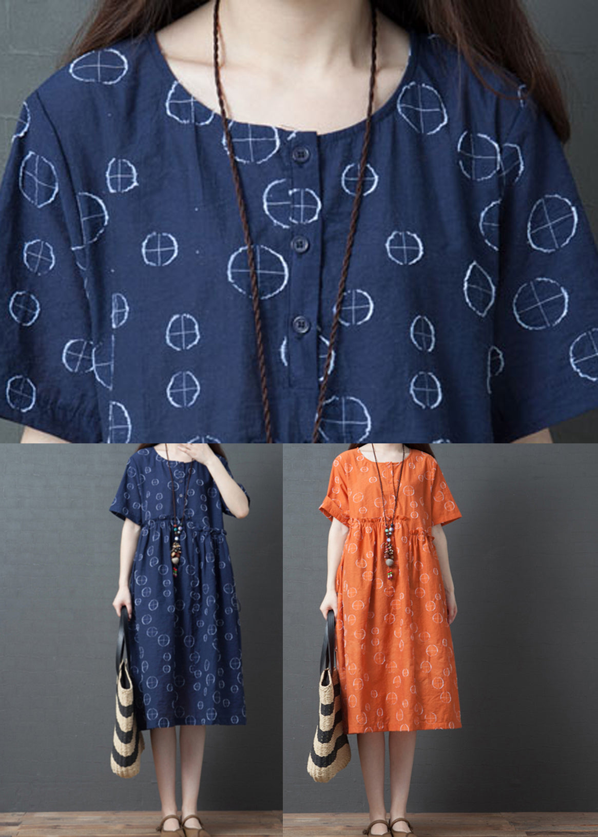 French Orange Dot Print Maxi Dress Short Sleeve Vb1028