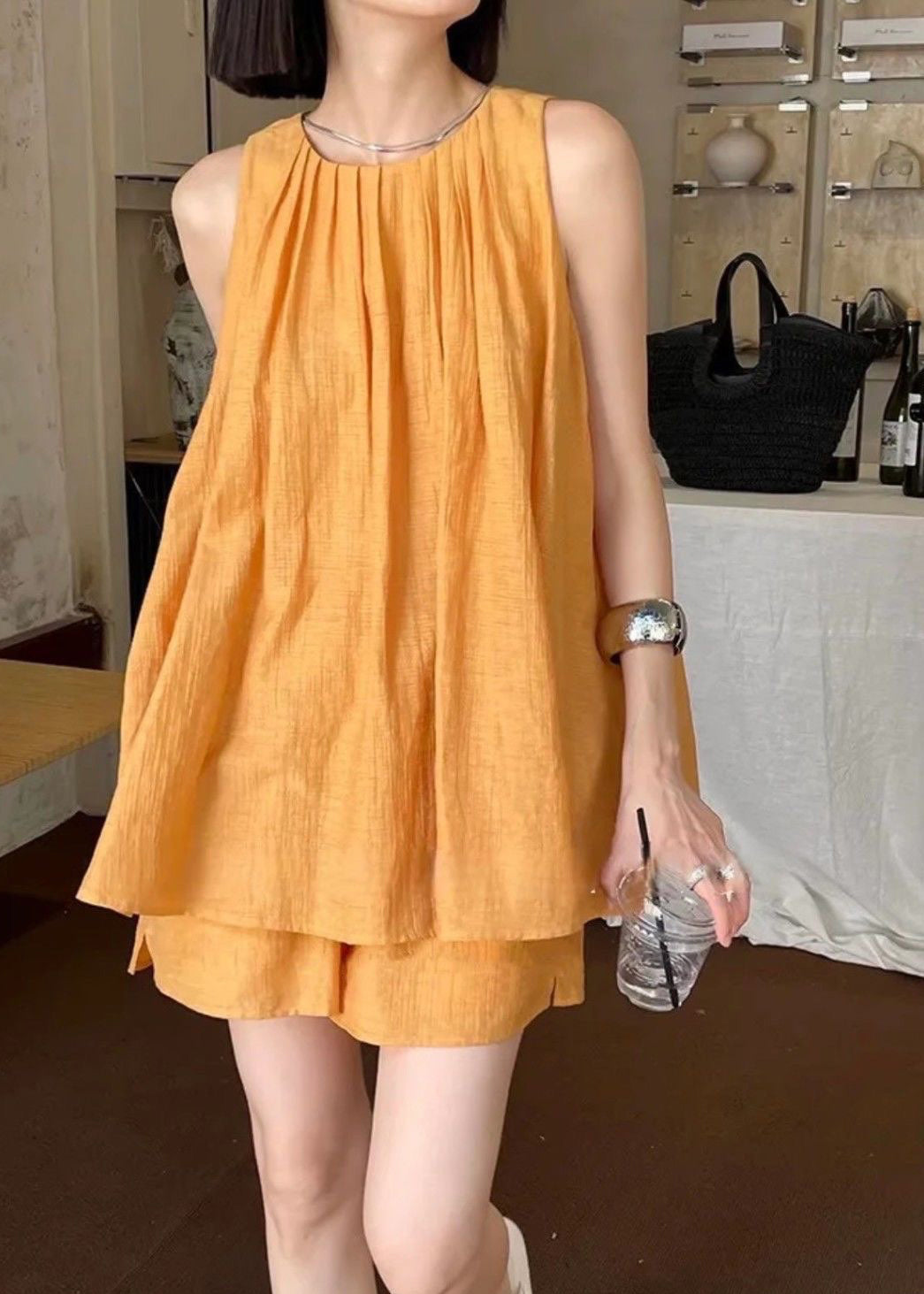 French Orange O-neck Vest and Shorts Two Pieces Set Summer Qb017