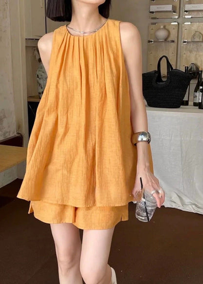 French Orange O-neck Vest and Shorts Two Pieces Set Summer Qb017