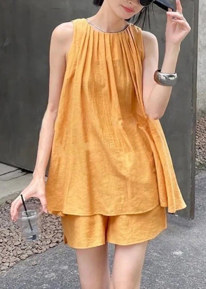 French Orange O-neck Vest and Shorts Two Pieces Set Summer Qb017