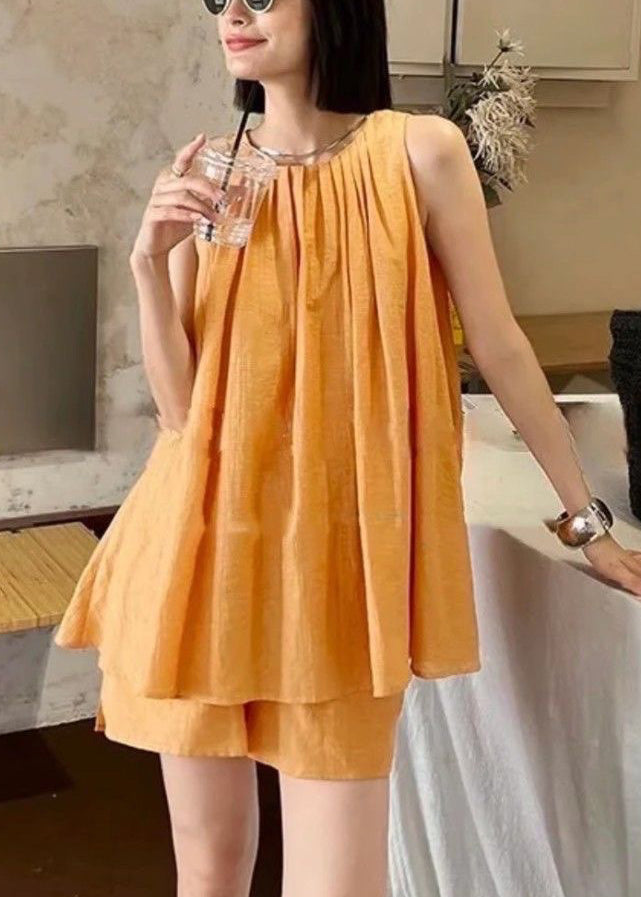 French Orange O-neck Vest and Shorts Two Pieces Set Summer Qb017
