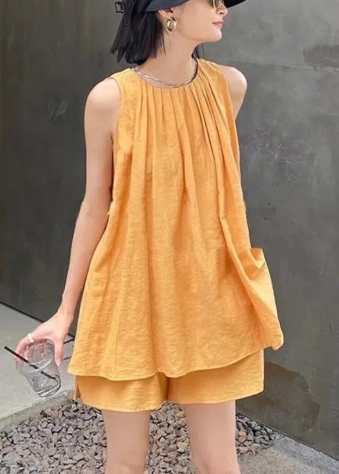 French Orange O-neck Vest and Shorts Two Pieces Set Summer Qb017