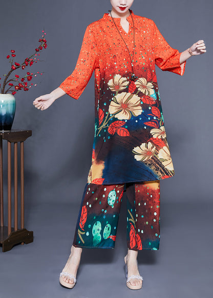 French Orange Stand Collar Oversized Print Silk Two-piece Set Bracelet Sleeve Lc0406