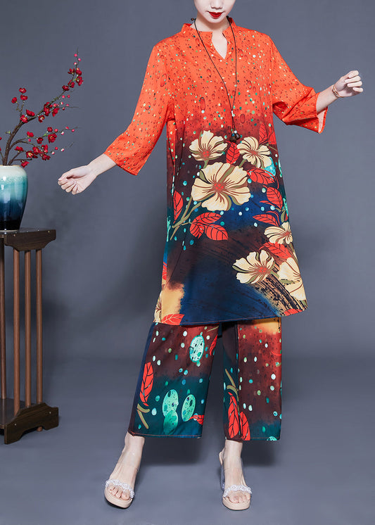French Orange Stand Collar Oversized Print Silk Two-piece Set Bracelet Sleeve Lc0406