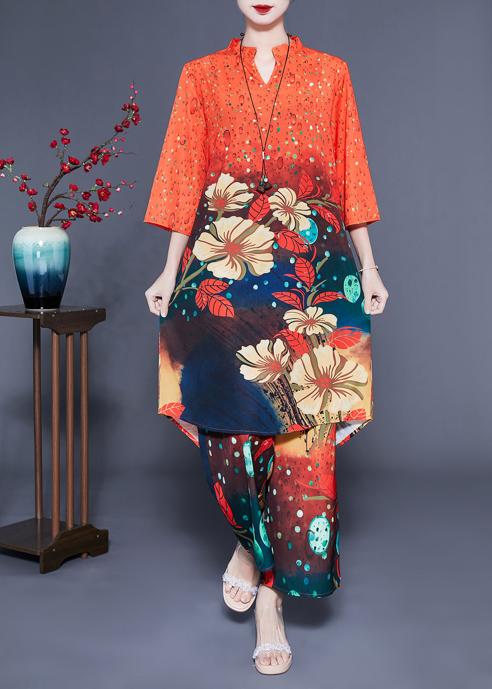 French Orange Stand Collar Oversized Print Silk Two-piece Set Bracelet Sleeve Lc0406