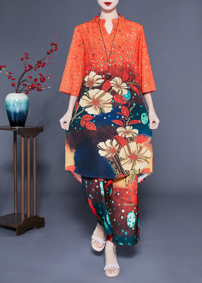 French Orange Stand Collar Oversized Print Silk Two-piece Set Bracelet Sleeve Lc0406