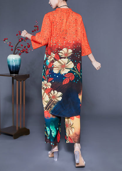 French Orange Stand Collar Oversized Print Silk Two-piece Set Bracelet Sleeve Lc0406