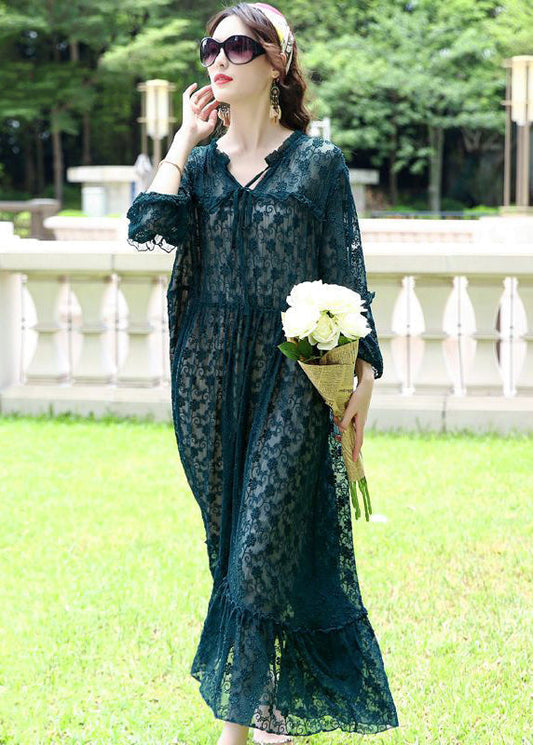 French Peacock Blue Ruffled Exra Large Hem Silk Long Dress Ac3003