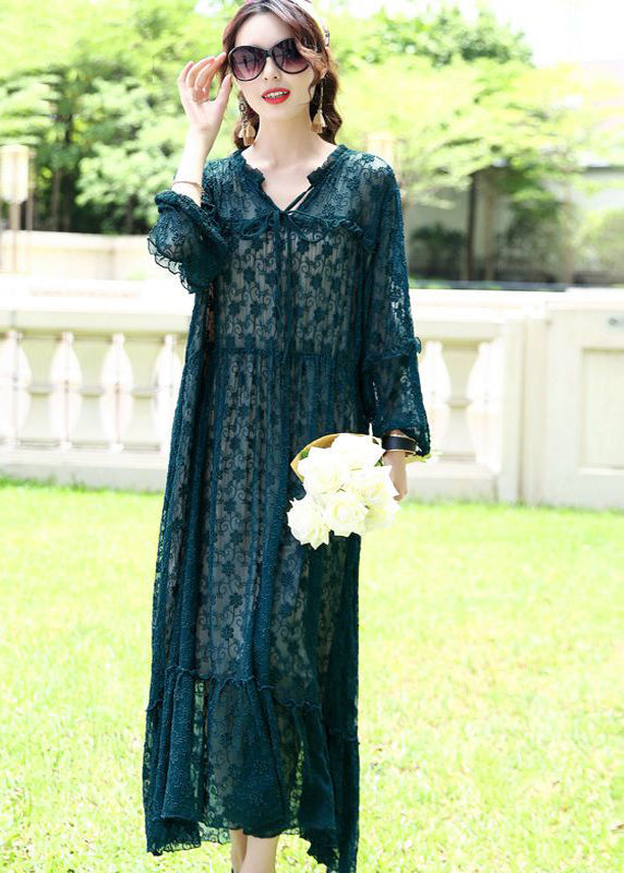 French Peacock Blue Ruffled Exra Large Hem Silk Long Dress Ac3003