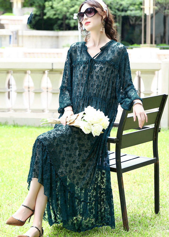 French Peacock Blue Ruffled Exra Large Hem Silk Long Dress Ac3003