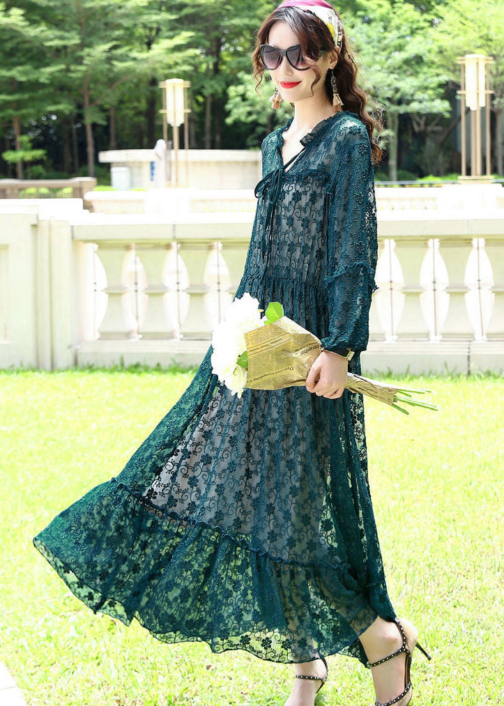 French Peacock Blue Ruffled Exra Large Hem Silk Long Dress Ac3003