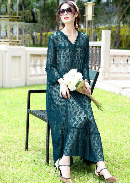 French Peacock Blue Ruffled Exra Large Hem Silk Long Dress Ac3003