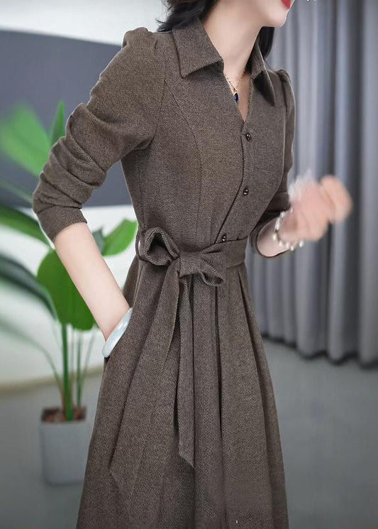 French Peter Pan Collar Tie Waist Flattering Button Maxi Dress Spring Rf032