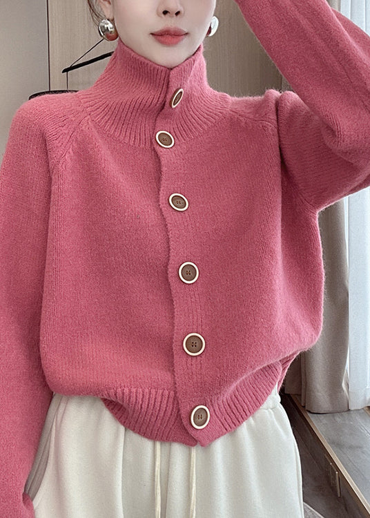 French Pink Hign Neck Button Knit Cardigan Spring Yy033
