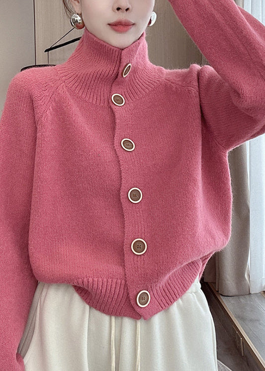 French Pink Hign Neck Button Knit Cardigan Spring Yy033